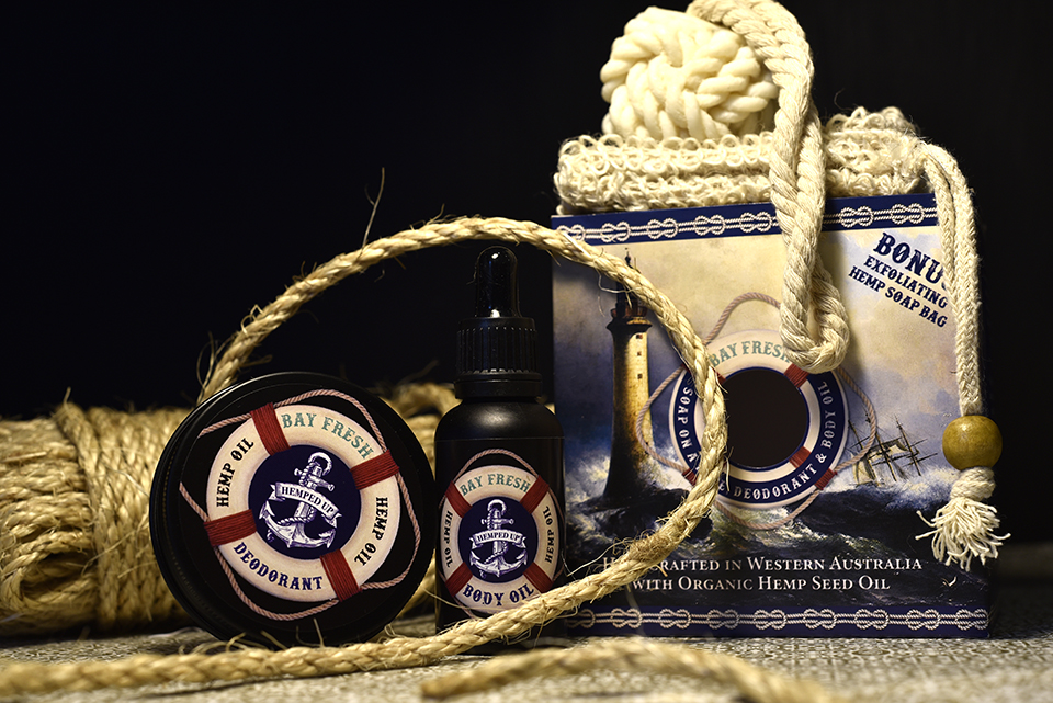 The Bay Fresh gift set: hemp oil deodorant, body oil and a boxed soap on a rope